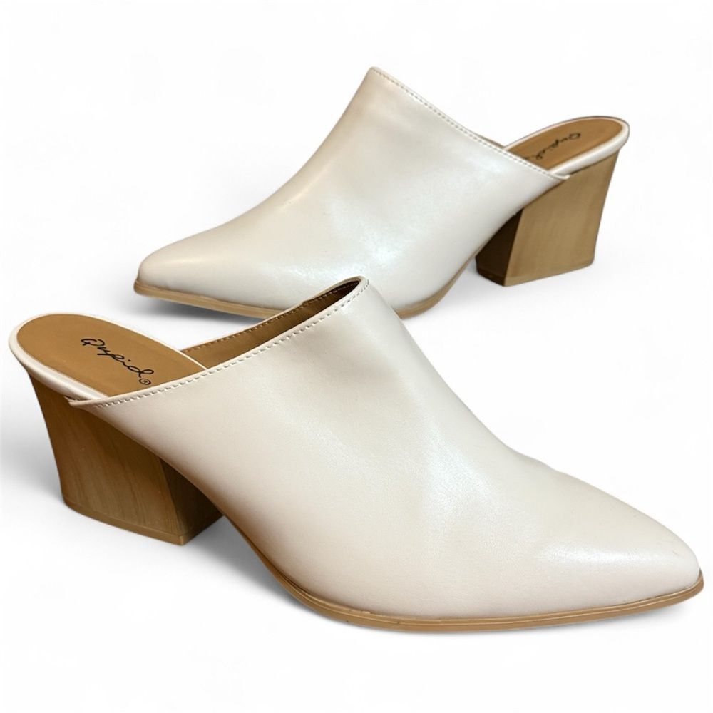 Qupid Cream Pointed-Toe Slip-On Block Heel Mule